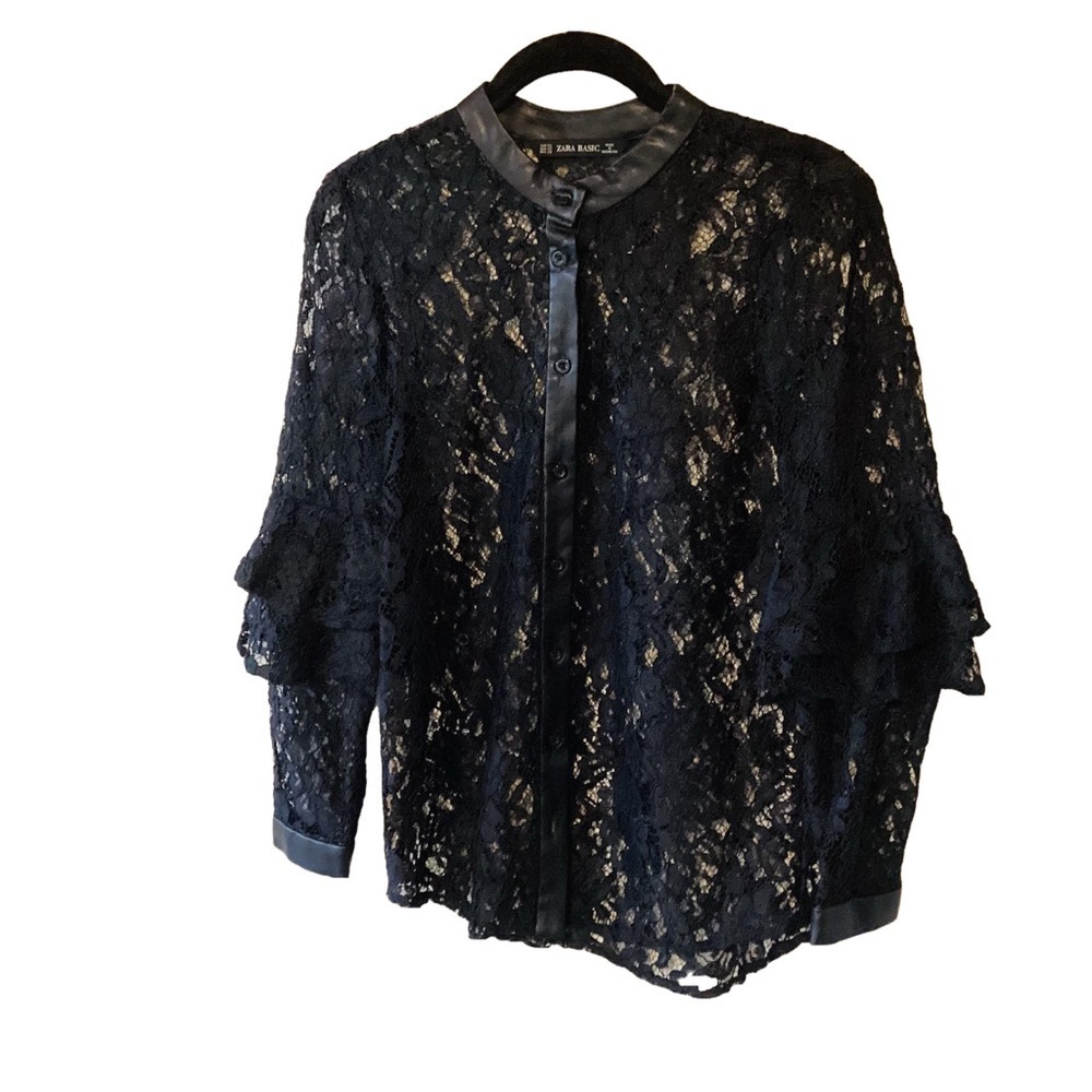 Zara Basic Lace Button Up Top Long Sleeves Size XS Black Whimsigoth Dark Fairy - Picture 2 of 9